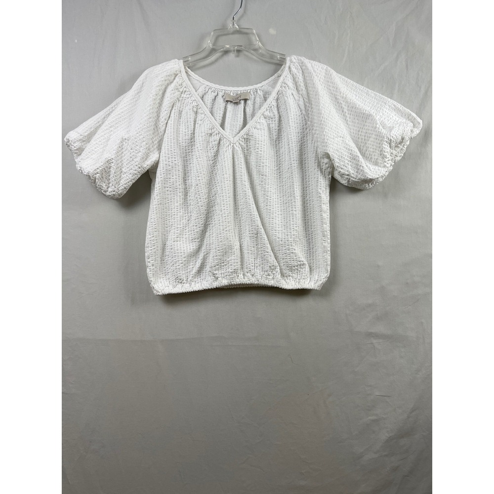 LOFT Blouse Womens Small White V-Neck Puff Sleeve Elastic Hem Textured Cotton